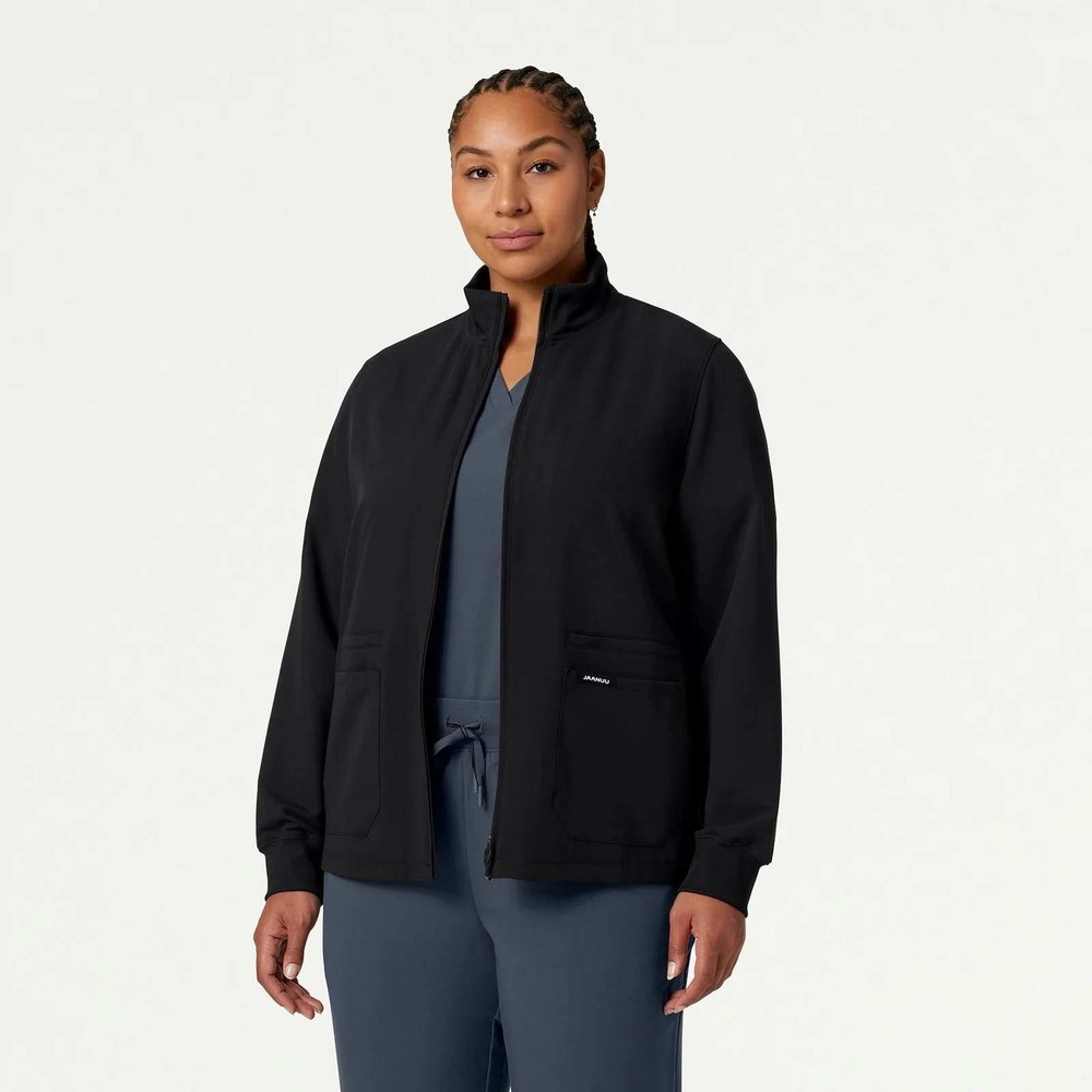 Ceri Jaanuu 6-Pocket Womens Scrub Jacket Large Black Full Zipper Cuffs Nursing